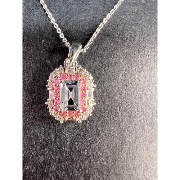 NEW Aquamarine pink sapphire necklace in rhodium and rose gold over 925 silver - Picture 11 of 14
